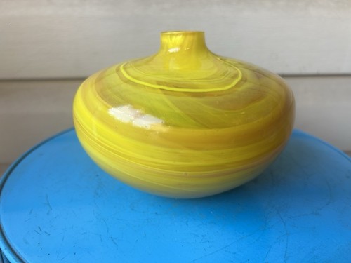 Crate and Barrel Mamo Yellow Swirl Heavy Art Glass Bulbous Vase 4x6 India
