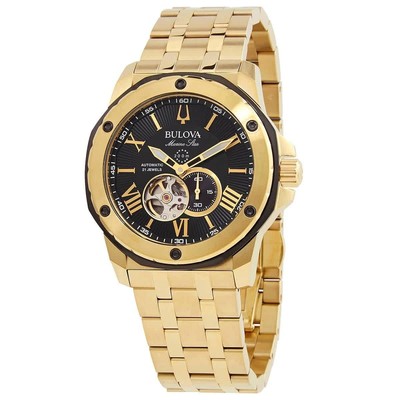 Bulova Marine Star Offenes Herz Schwarzes Zifferblatt Taucher 98A273 Herrenuhr