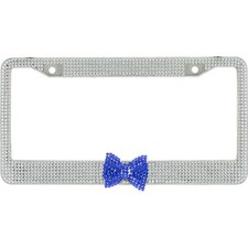 Clear 7 Rows Bling Diamond Crystal License Plate Frame With Blue Bow Tie