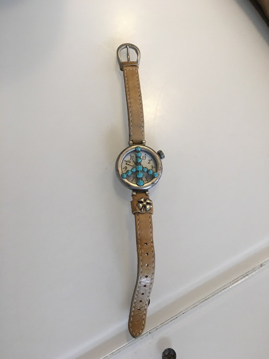 Ladies Lucky Brand Peace Sign Tan Leather Strap Watch Turquoise | eBay