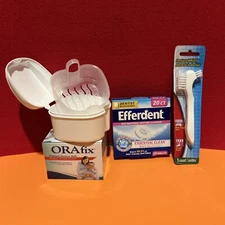 Denture Bath White Cup Container and Denture Tablets & Brush Bundle / Retainer