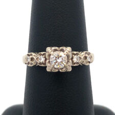 Vintage 14K White Gold Diamond Solitaire W/Accents Engagement Ring