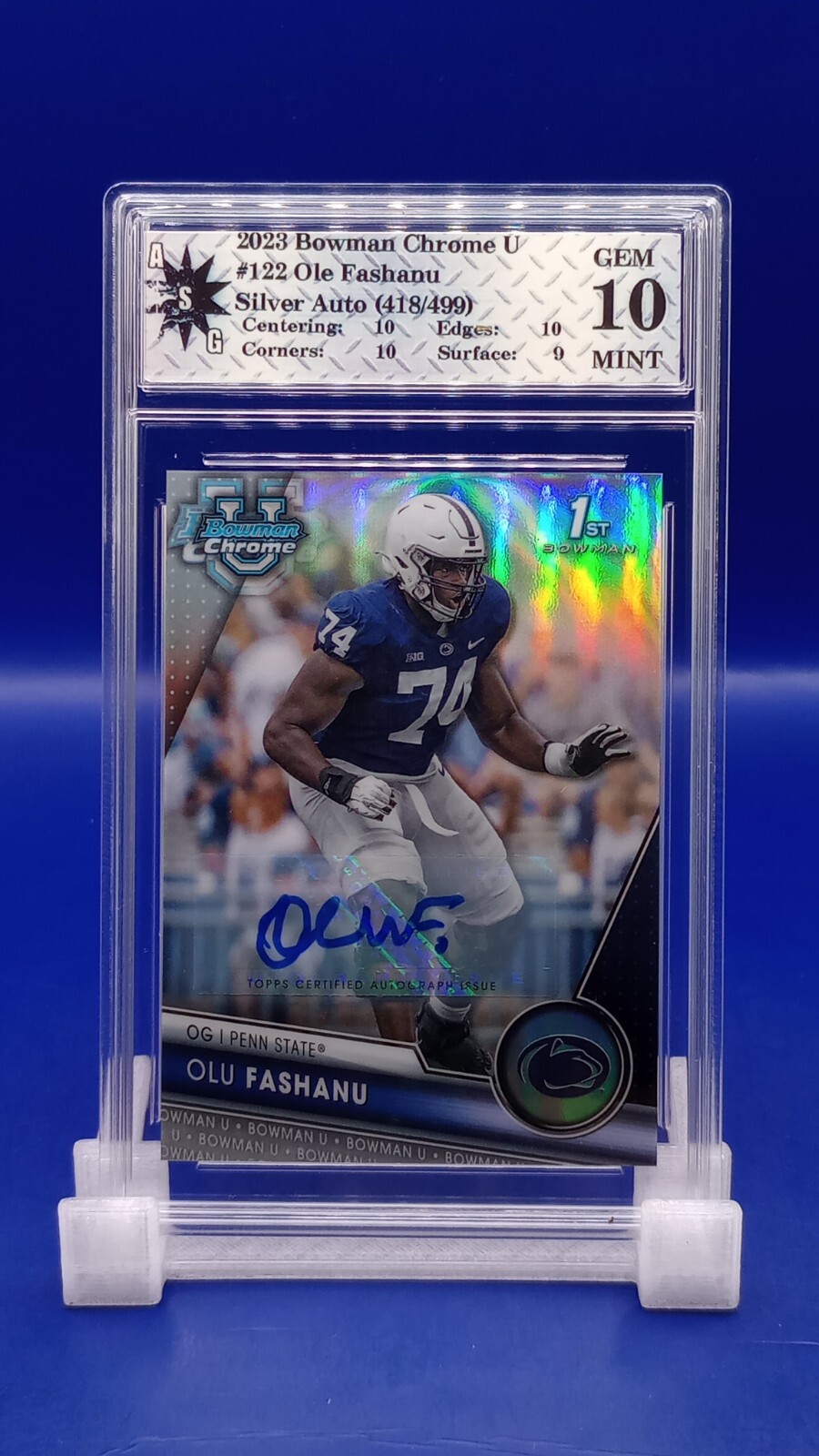 Olu Fashanu 2023 Bowman Chrome University 1st Refractor Auto 418/499 GEM MINT 10