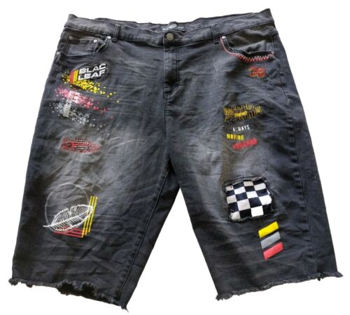 Blac Leaf Mens Black Denim Jean Shorts 44 Distressed Cut Off Splatter Stretch