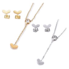 Stainless Steel Set Earrings Pendant Necklace Heart Gold Silver 16.54" P729