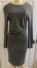 Ann Taylor Dress Womens M Gray White Striped Straight Long Sleeve Lined Ruched
