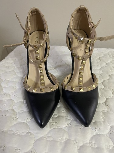 RUE 21 ETC Pointed Stiletto STRAPPY Heels Size Large 8 - 9 Black Tan STUDDED - Picture 3 of 6