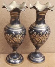 Vintage Old Antique Brass Decorative vases display black Etched 9" inch art pair