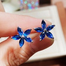 2Ct Lab Created Sapphire Flower Stud Christmas Earrings 14k White Gold Finish