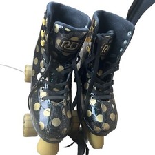 Youth Roller Derby black/gold Dot 4-Wheel Quad Roller Skates Pink Wheels Sz 3-6