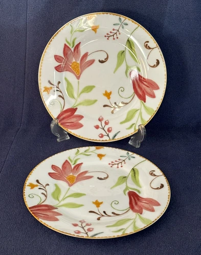 Set of 2 Oneida Italian Cypress Porcelain Salad Plates Red Orange Green Floral