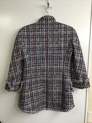 Chanel Jacket Blue/WH/GRN/RED Cotton Tweed ZIP Pearl Trim Large