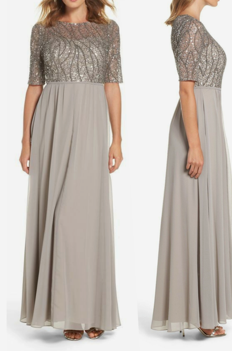 NEW Adrianna Papell Beaded Bodice Chiffon Gown Dress Platinum sz 16P