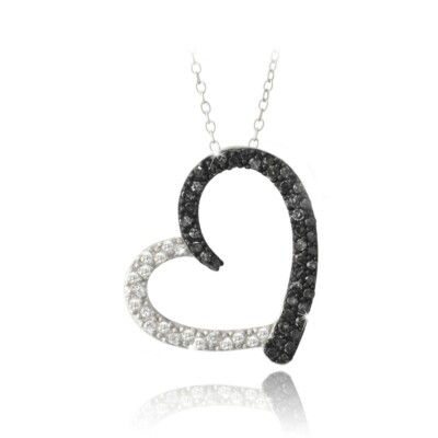 925 Silber 2/5ct schwarzer Diamant & weißer Topas offenes schwebendes Herz Collier,