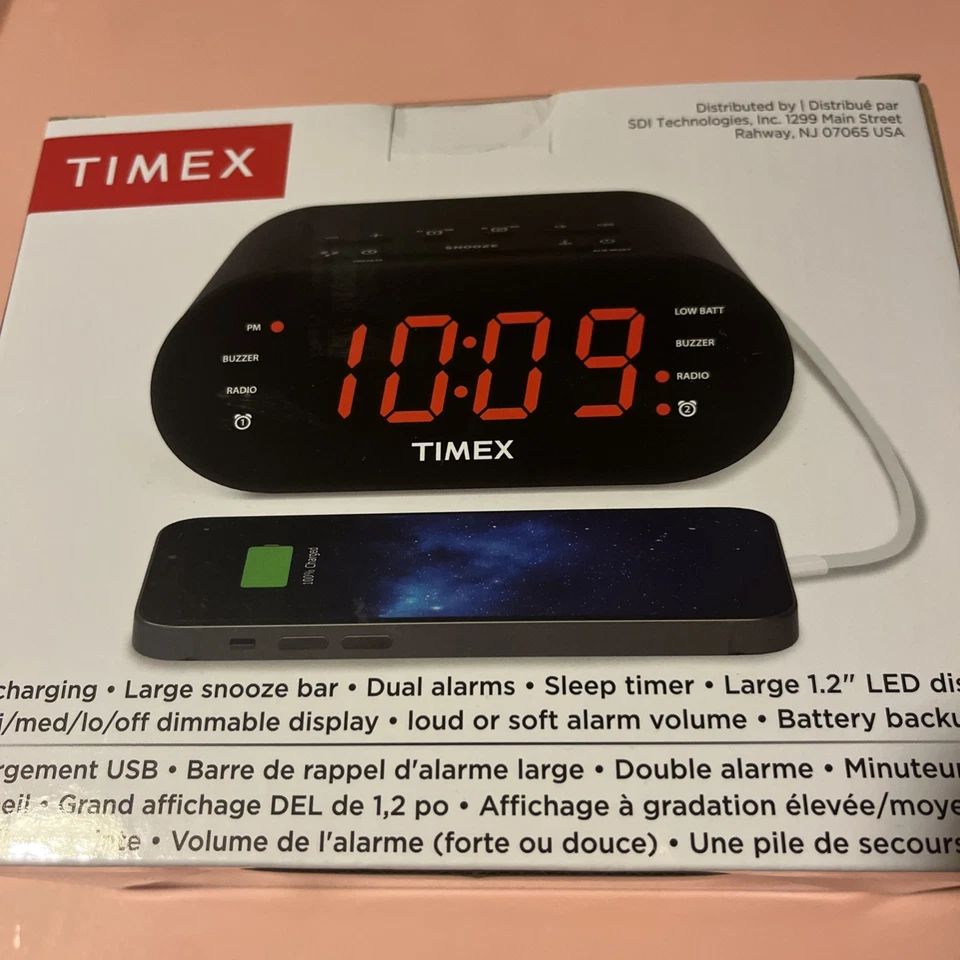 Timex Alarm Clock for Bedroom with FM Radio and USB Charger - Black - Image 2 of 4