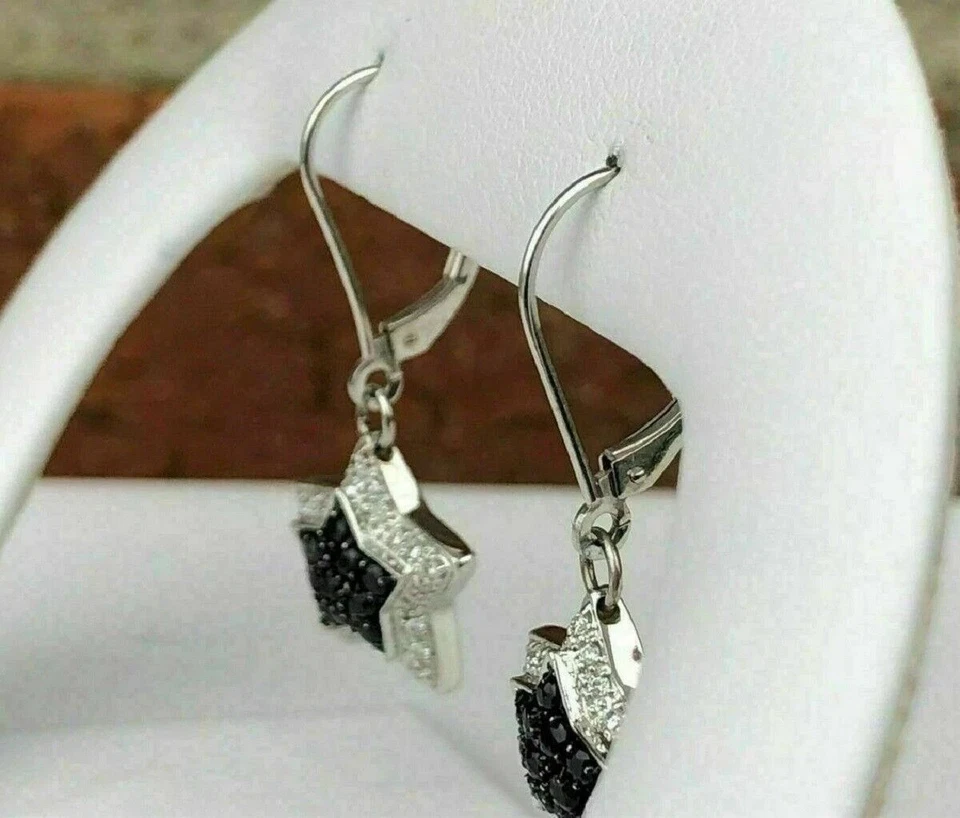 14K  White Gold plated 1.50CT Round Simulated Black Diamond STAR Dangle Earring - Image 4 of 4