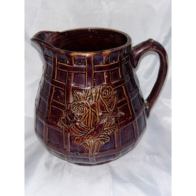 -RARE- Brown Glazed Ceramic Pitcher Basketweave Rose Floral Stoneware Jug Vintag
