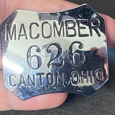 Macomber Canton, OH (Steel Fab.) Chrome ID Badge Pinback c1940's Scarce