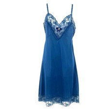 Vtg Val Mode Y2K Slip Dress Sz 32 Coquette Lace Midi Bow 90 Sheer USA Satin Blue