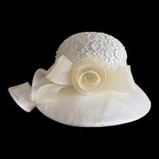 VTG Ms Divine Hat Womens Ivory With Rhinestones Lace Bow Derby Church Wedding