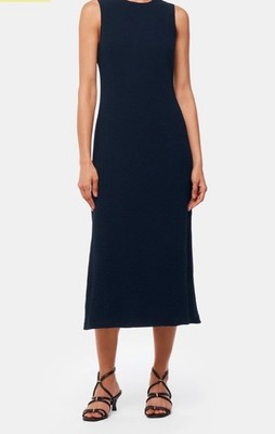 Whistles Damen Erin strukturiertes marineblaues ärmelloses Midikleid Größe 18 UVP 149 £