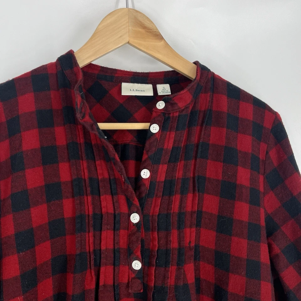 LL Bean Scotch Plaid Flannel Nightgown Size Small Petite Red Black Buffalo Check - Image 3 of 4