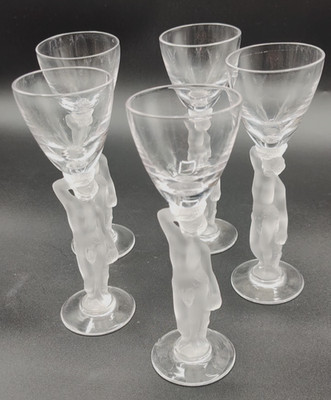 5 Bayel Bacchus France Wine Glass Goblet 6 1/4  Nude Male Frosted Stem Lot Set