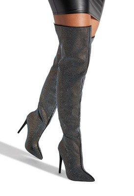 Charmed by SHOEDAZZLE, Black faux suede bling 5'' Dominatrix thigh boots, SZ 13