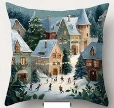 Beautiful Winter Village Scene Christmas Or Everyday Throw Pillow Cover 18”