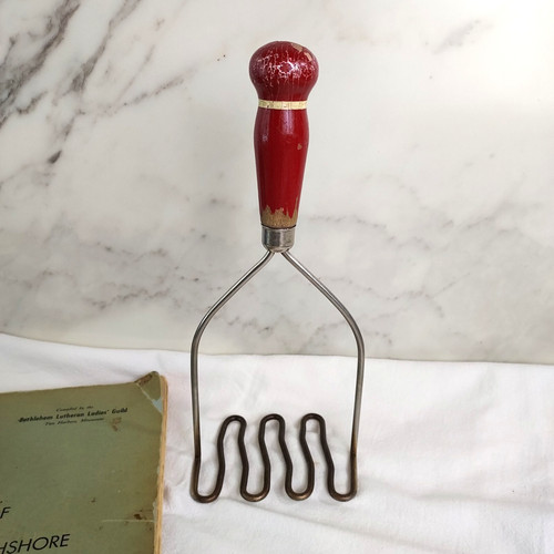 Antique Potato Veggie Masher w/ Chippy RED Painted Wood Handle, Primitive Rustic