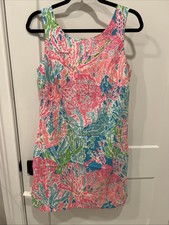 Lilly Pulitzer shift dress size 10 Pink Blue Coral Back Zip White Accent Bows