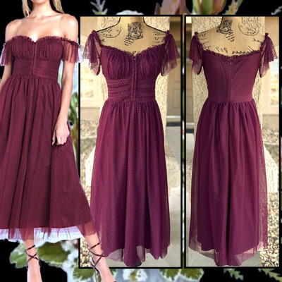 regal radiance burgundy tulle bustier midi dress Miss Circle Women Mabel Burgundy Drop Waist Layered Mesh Midi Puffy Dress with Bow main image 0