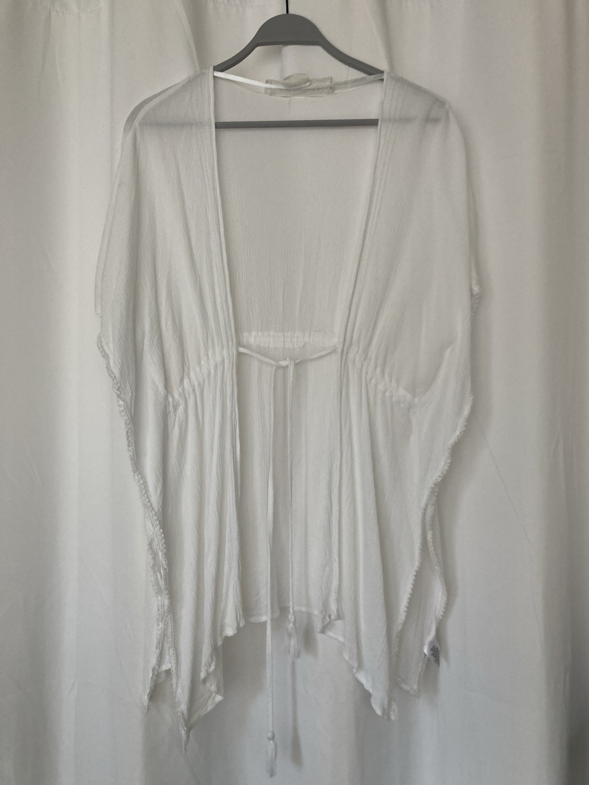 TREASURE &BOND crochet lace trim tassel sheer white poncho duster cover-up beach