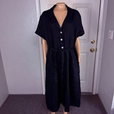 Quince Women's Dress XL Navy Blue Linen Button Tie Career Summer S/S E3-16