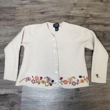 Vintage 100 Wool Floral Embroidered Sonoma Girls L Button Up Cardigan Sweater