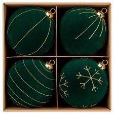 4.72" Large Green Velvet Christmas Balls Ornaments, 4PCS Glitter Flocked Ball...