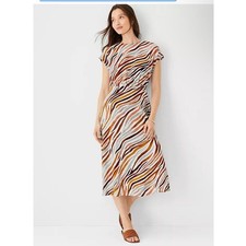Ann Taylor Linen Blend Midi Zebra Stripe Mock Neck Flare Dress Size 0