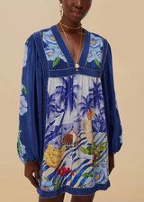 💕$240 FARM RIO SZ SMALL FRESH TABLE SCARF TROPICAL PARADISE BLUE MINI DRESS