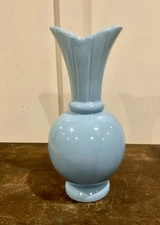 14-1/2" VTG Powder Blue Fluted Bulb Vase Drip Glaze Mid Century  Art Pottery USA