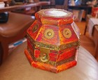 Hinged Red Brass Ornate Wood Octagon Trinket Box With Red Lining