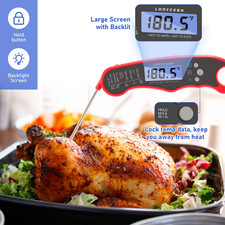 Digital Meat Thermometer, Instant Read, Foldable Probe, Red  IP66 waterproof...