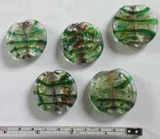 5 large foil lined murano style pendants silver, green, brown