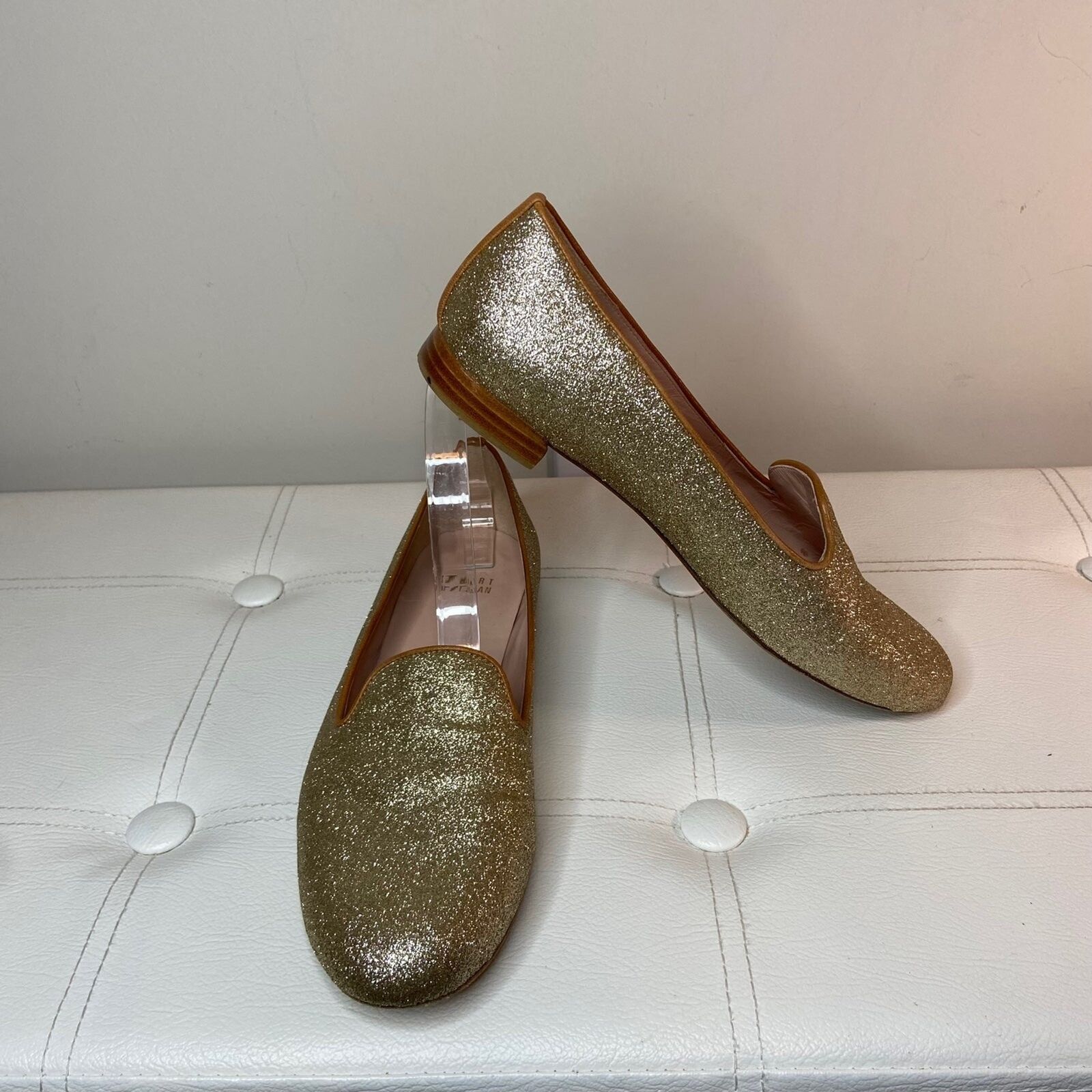 Stuart Weitzman Gold Sparkle Glitter Loafers Flat… - image 1