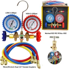 AC Manifold Gauge Set A/C Refrigeration 3 Way Hose Fit For R502 R134a R12 R22