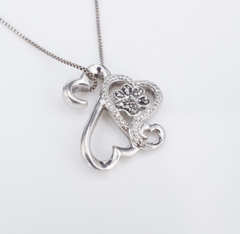 Jane Seymour Open Heart Paw Black White Diamond Necklace Sterling