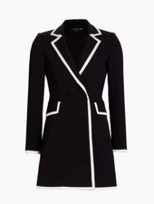 NWT ALICE + OLIVIA Kyrie Piped Tuxedo Coat Dress 12 Black White Faux Pockets