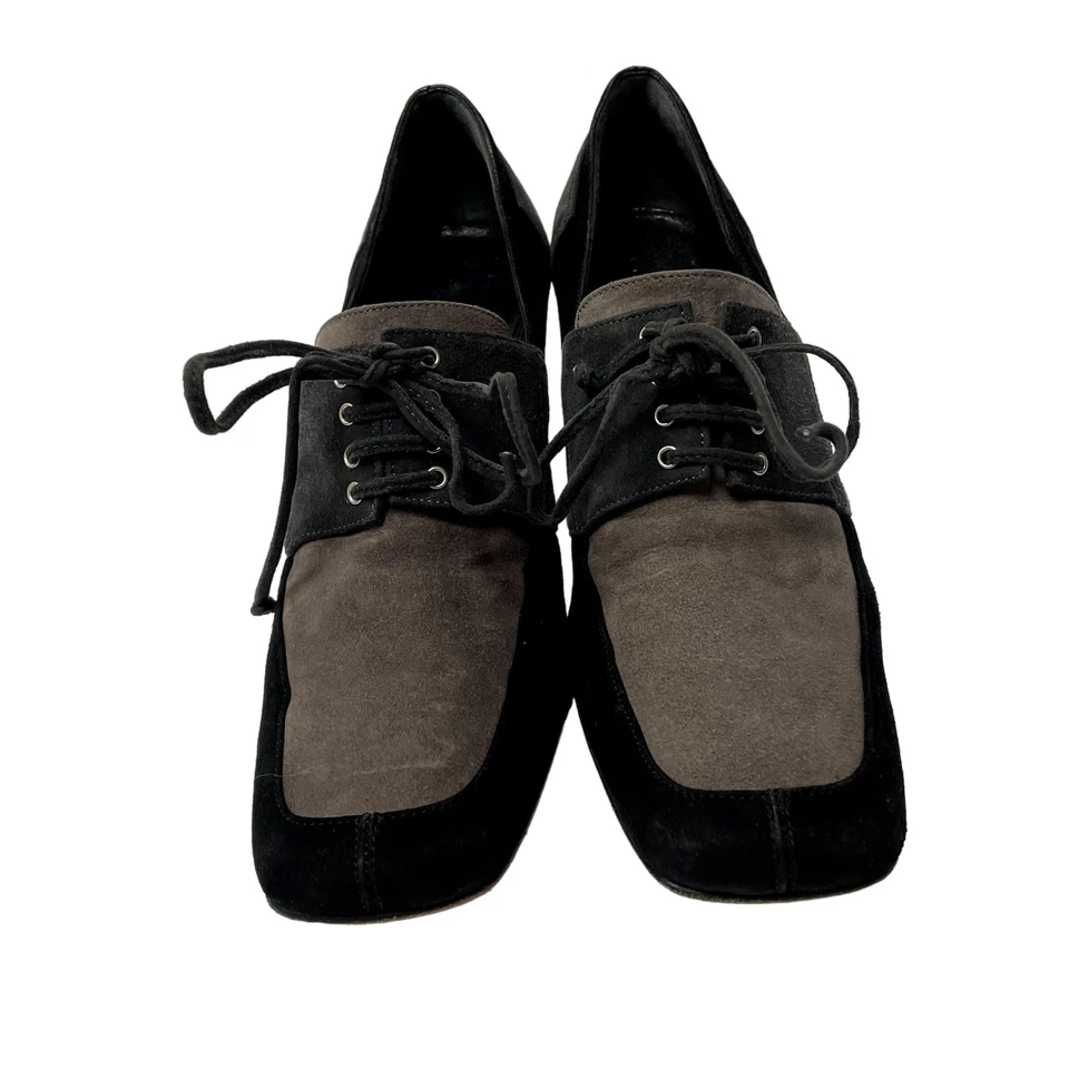 Vtg 80's Bally ITALY Black Gray GEOMETRIC Suede Leather HI Heels Lace Up Pumps - Image 3 of 4