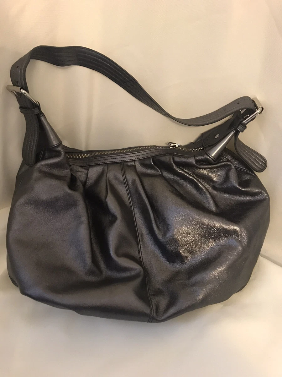 Calvin Klein Metallic Leather Slouch Hobo Shoulder Bag Silver Pewter