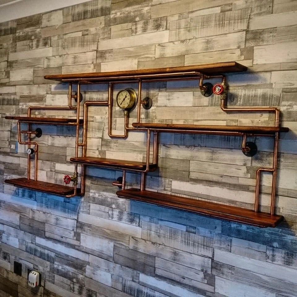 steampunk shelving - retro industrial wall storage- Hardwood wall art