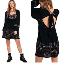 FREE PEOPLE Rhiannon Embroidered Tunic Mini Dress Women's S Black  Square Neck